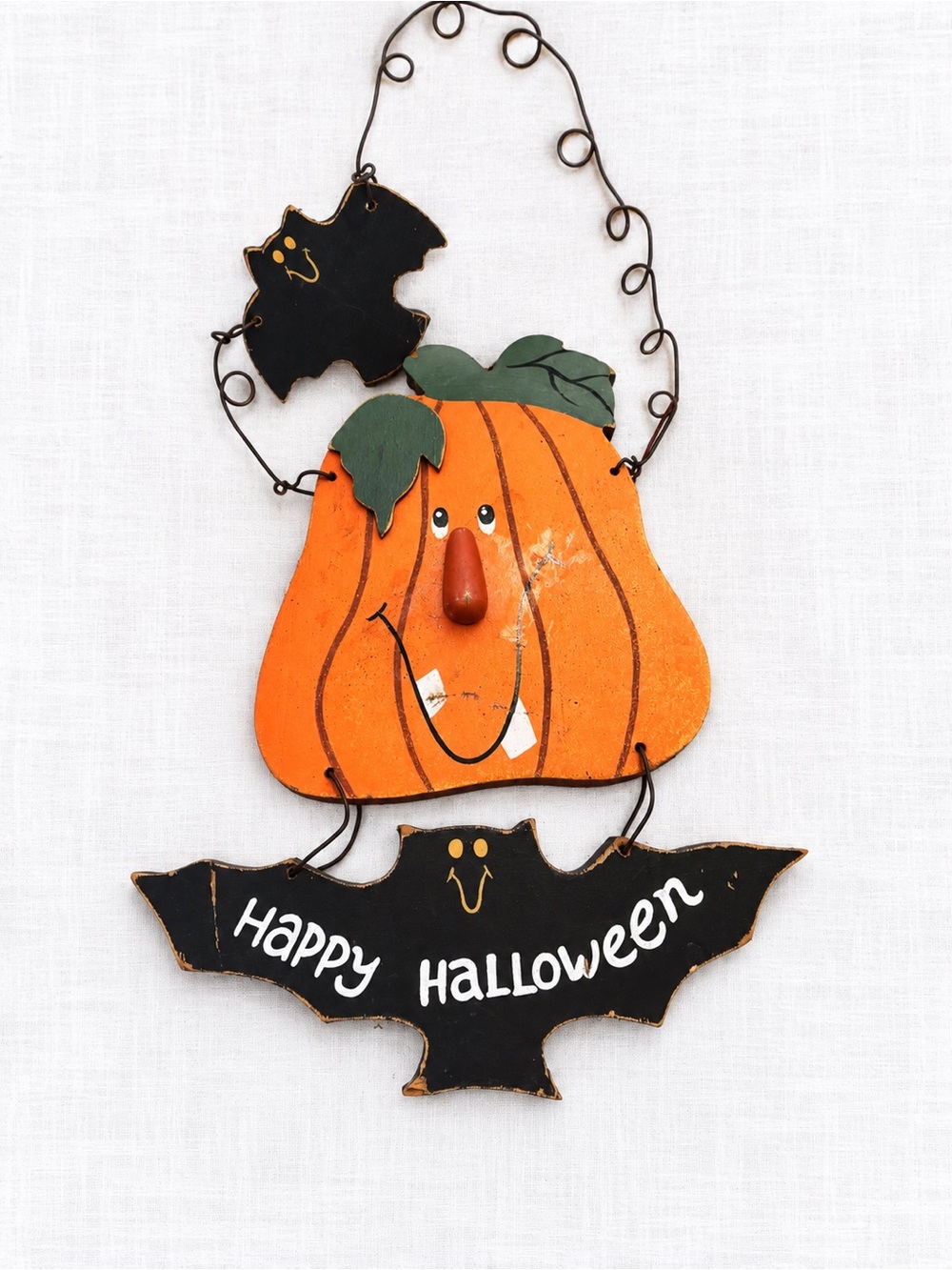 Vintage Halloween Pumpkin & Bat Wooden Wall Hanging Primitive Folk Art 11”